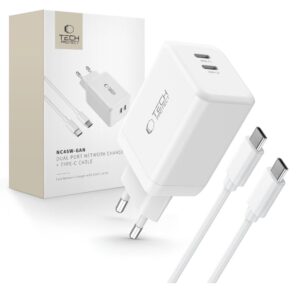 TECH-PROTECT NC45W-GAN 2-PORT NETWORK CHARGER PD 45W + TYPE-C CABLE WHITE